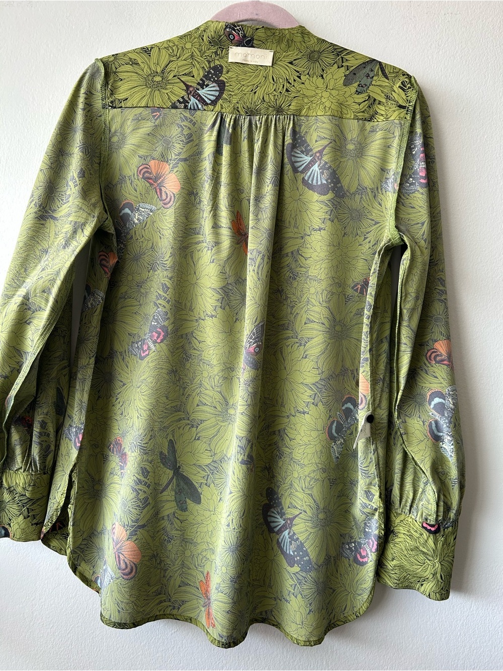 Momoni Silk Stretch Green Floral Butterfly V-Neck Blouse Made in Italy - Picture 9 of 12